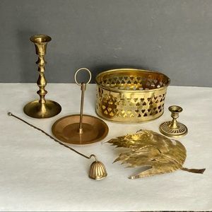 Vintage 6-Pc Decorative Torched Brass Leaf Candle Planter TidBit Snuffer Bundle